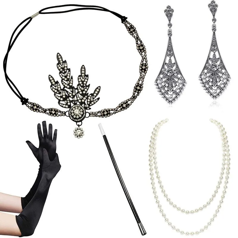 5pcs/set 1920s Great Gatsby Accessories Set Women 20s Costume Flapper Headband Pearl Necklace Bracelet Earring Cigarette Holder