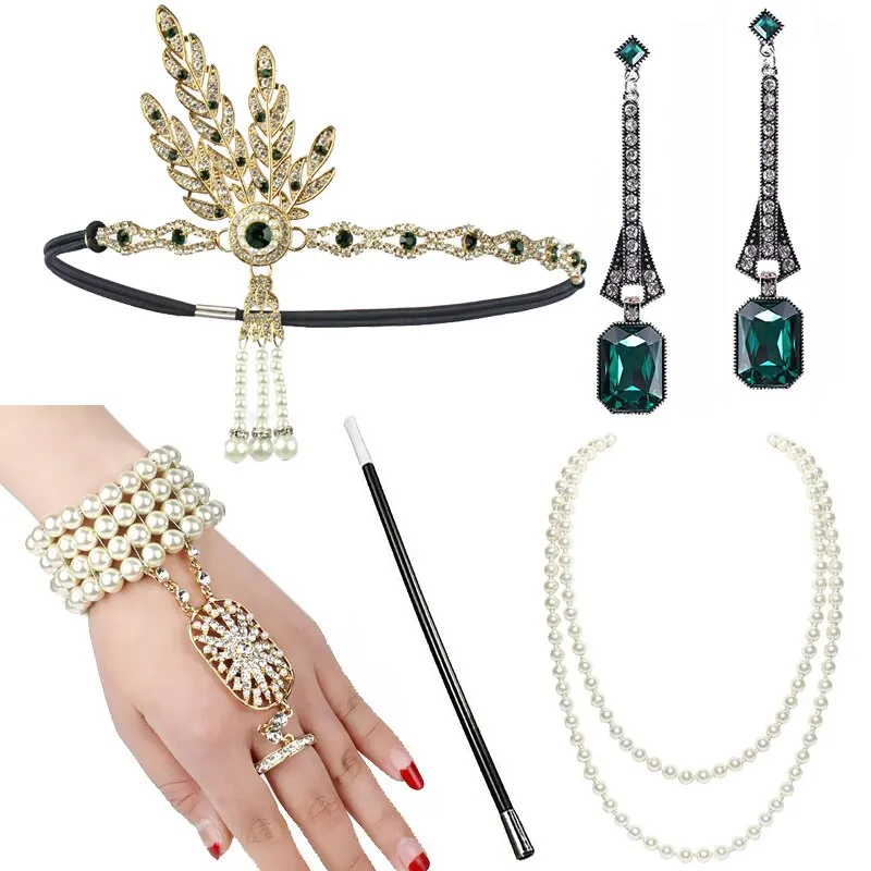 5pcs/set 1920s Great Gatsby Accessories Set Women 20s Costume Flapper Headband Pearl Necklace Bracelet Earring Cigarette Holder