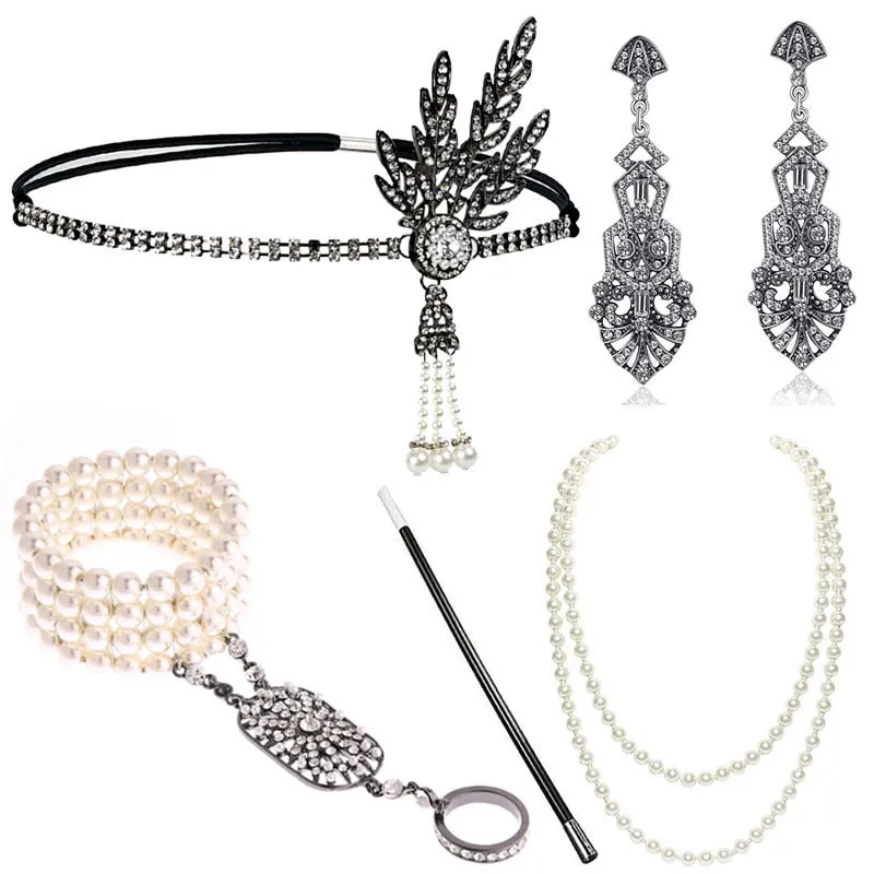 5pcs/set 1920s Great Gatsby Accessories Set Women 20s Costume Flapper Headband Pearl Necklace Bracelet Earring Cigarette Holder