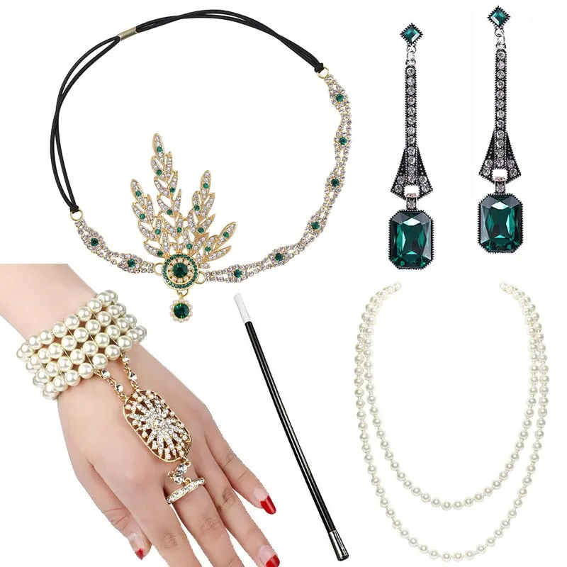 5pcs/set 1920s Great Gatsby Accessories Set Women 20s Costume Flapper Headband Pearl Necklace Bracelet Earring Cigarette Holder