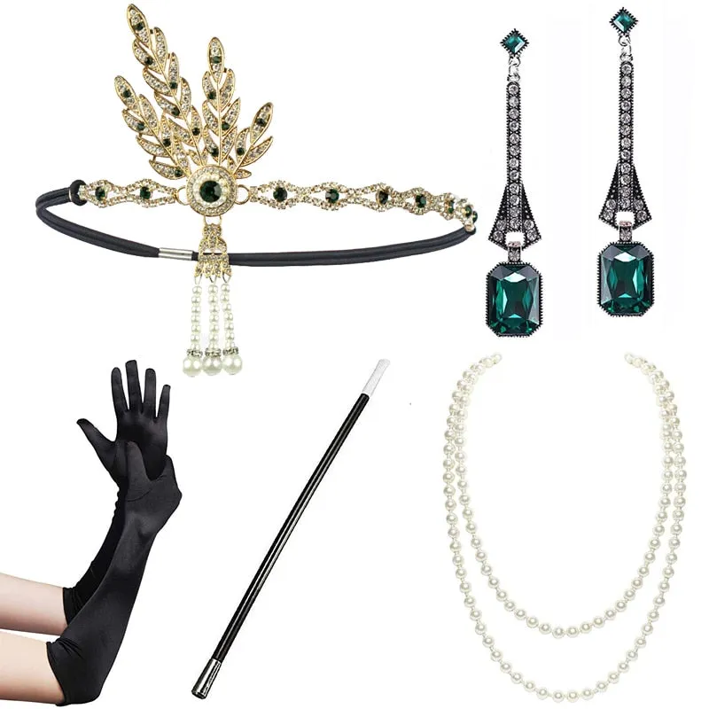 5pcs/set 1920s Great Gatsby Accessories Set Women 20s Costume Flapper Headband Pearl Necklace Bracelet Earring Cigarette Holder