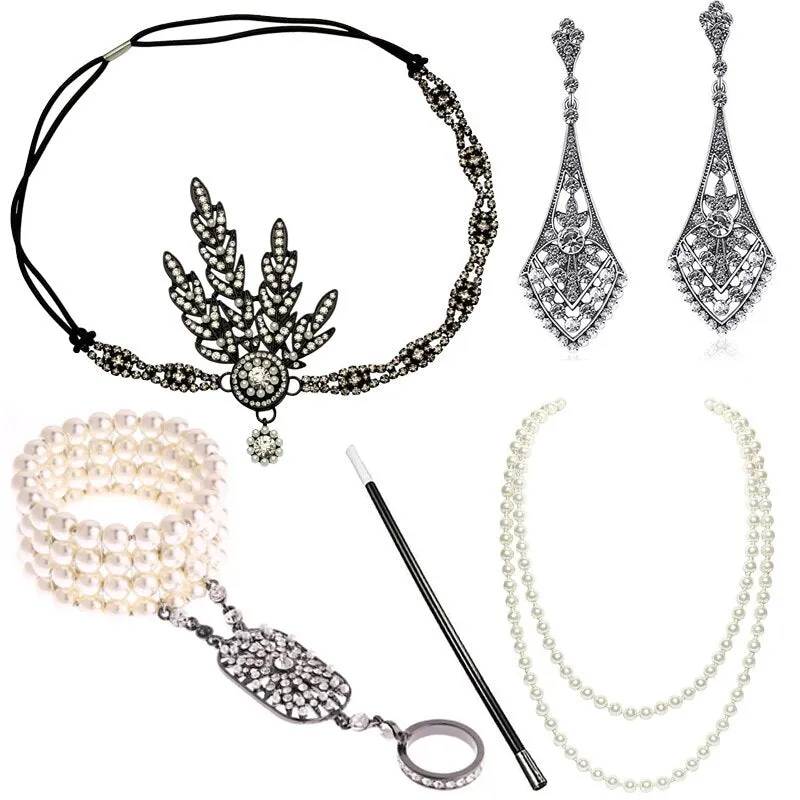 5pcs/set 1920s Great Gatsby Accessories Set Women 20s Costume Flapper Headband Pearl Necklace Bracelet Earring Cigarette Holder