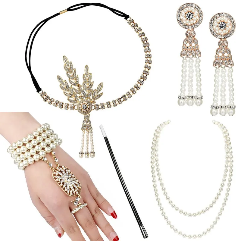 5pcs/set 1920s Great Gatsby Accessories Set Women 20s Costume Flapper Headband Pearl Necklace Bracelet Earring Cigarette Holder