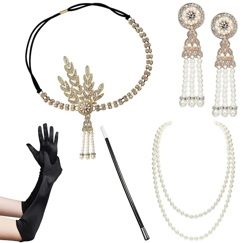 5pcs/set 1920s Great Gatsby Accessories Set Women 20s Costume Flapper Headband Pearl Necklace Bracelet Earring Cigarette Holder