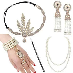 5pcs/set 1920s Great Gatsby Accessories Set Women 20s Costume Flapper Headband Pearl Necklace Bracelet Earring Cigarette Holder