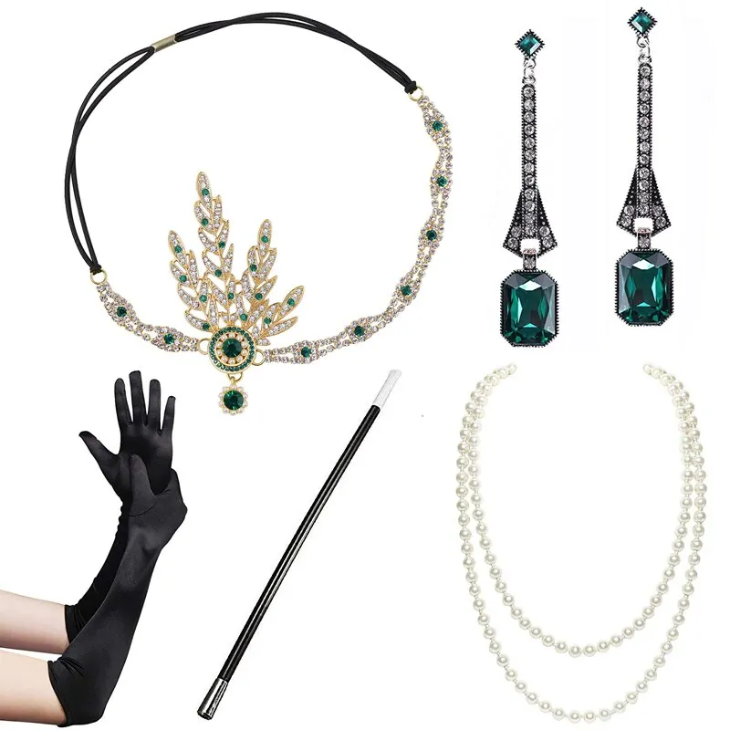 5pcs/set 1920s Great Gatsby Accessories Set Women 20s Costume Flapper Headband Pearl Necklace Bracelet Earring Cigarette Holder