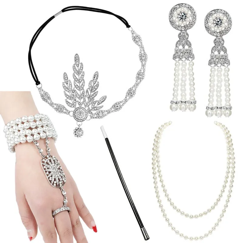 5pcs/set 1920s Great Gatsby Accessories Set Women 20s Costume Flapper Headband Pearl Necklace Bracelet Earring Cigarette Holder