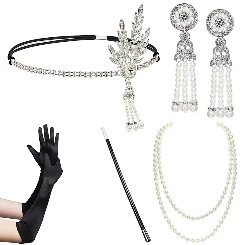 5pcs/set 1920s Great Gatsby Accessories Set Women 20s Costume Flapper Headband Pearl Necklace Bracelet Earring Cigarette Holder