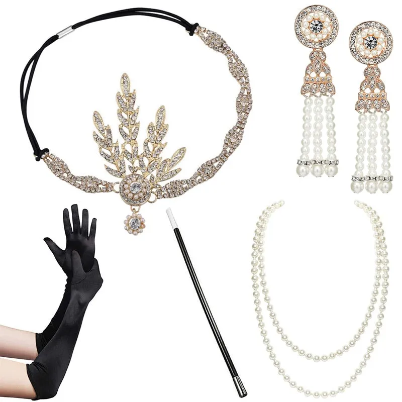 5pcs/set 1920s Great Gatsby Accessories Set Women 20s Costume Flapper Headband Pearl Necklace Bracelet Earring Cigarette Holder