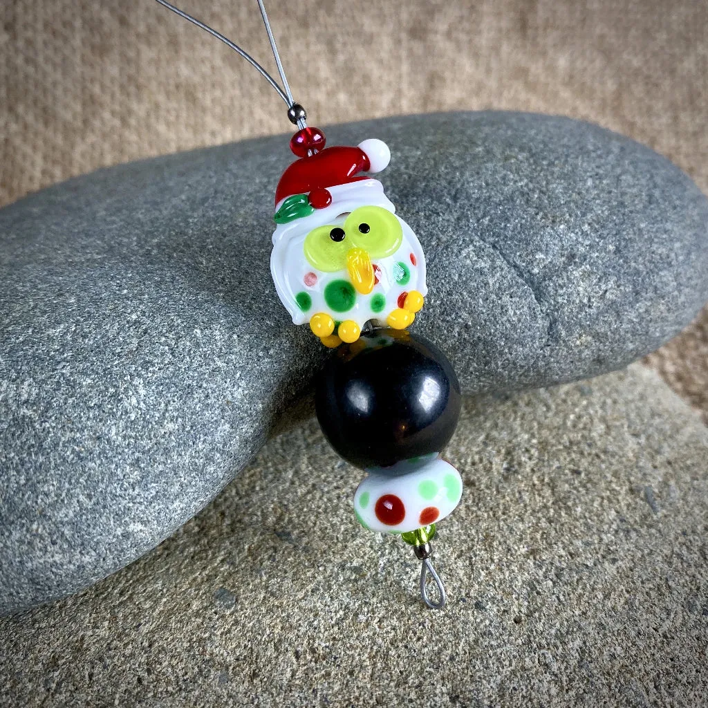 Adorable Christmas Owl & Shungite Ornament, Polka Dots & Christmas Hat