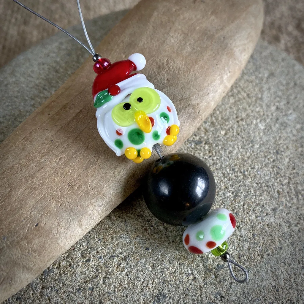 Adorable Christmas Owl & Shungite Ornament, Polka Dots & Christmas Hat