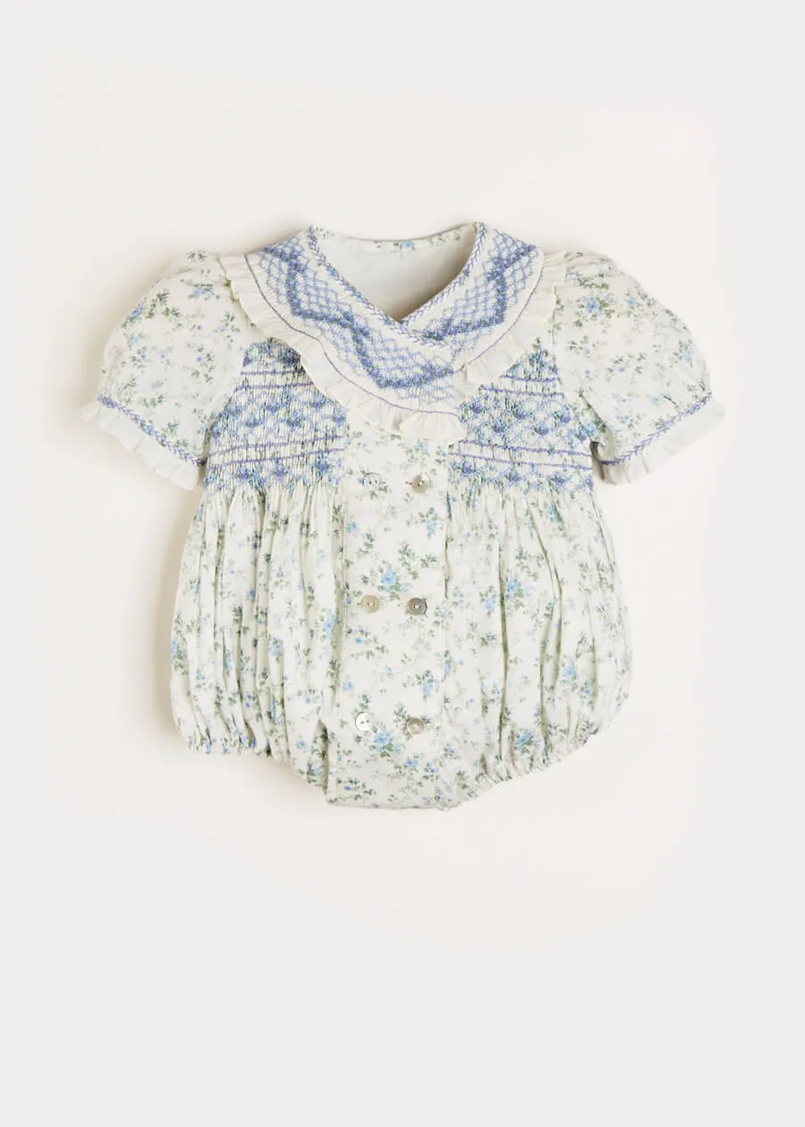 Alice Floral Print Handsmocked Double Breasted Short Sleeve Romper in Blue (6mths-2yrs)