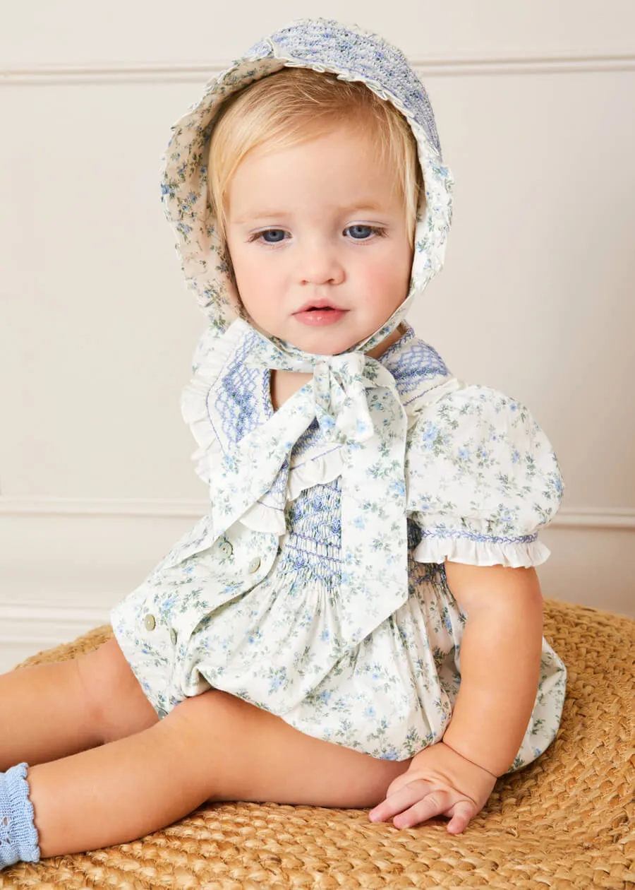 Alice Floral Print Handsmocked Double Breasted Short Sleeve Romper in Blue (6mths-2yrs)