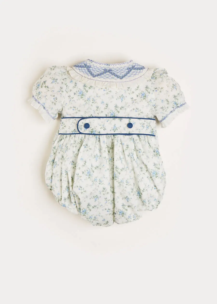 Alice Floral Print Handsmocked Double Breasted Short Sleeve Romper in Blue (6mths-2yrs)