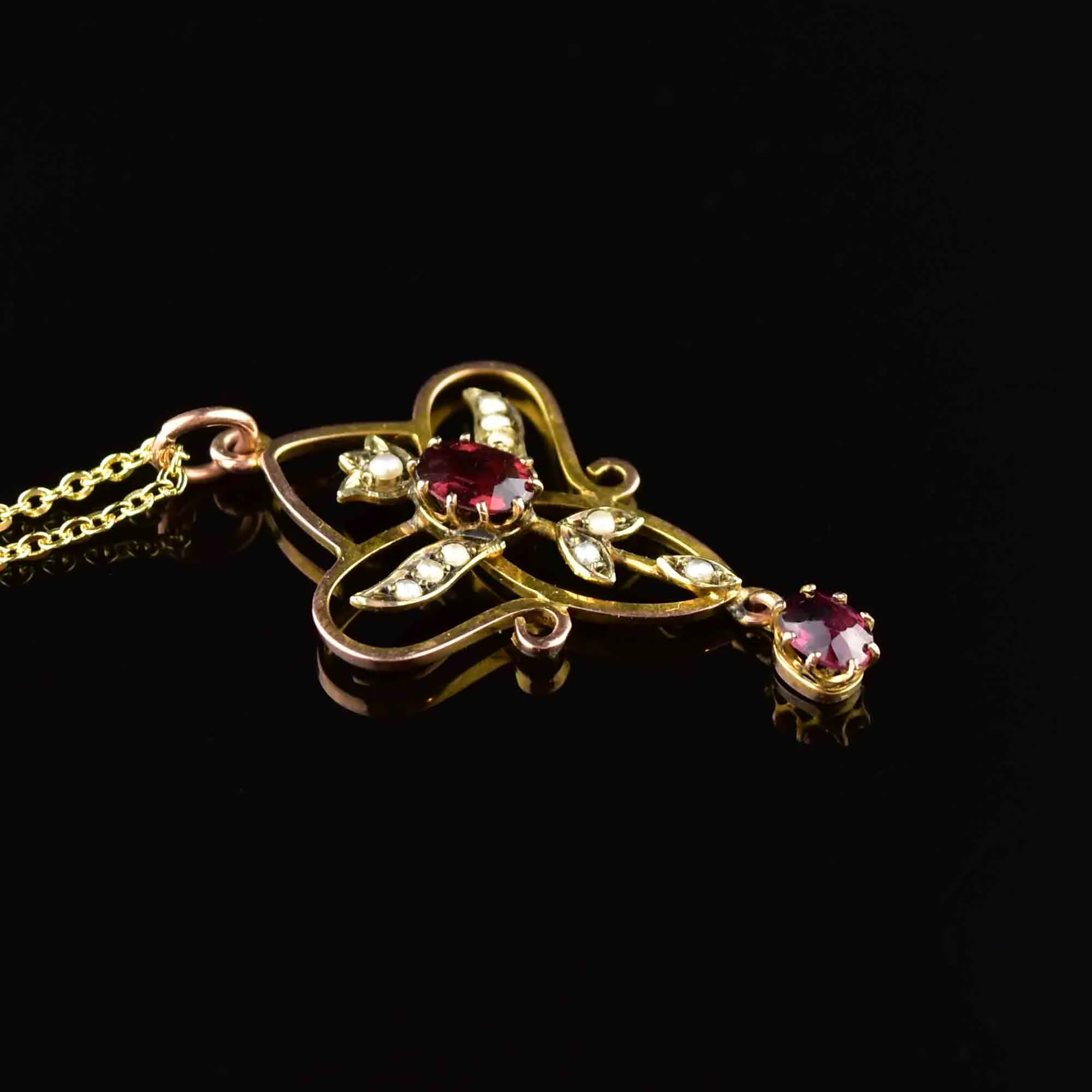 Antique Edwardian Garnet Seed Pearl Pendant Necklace