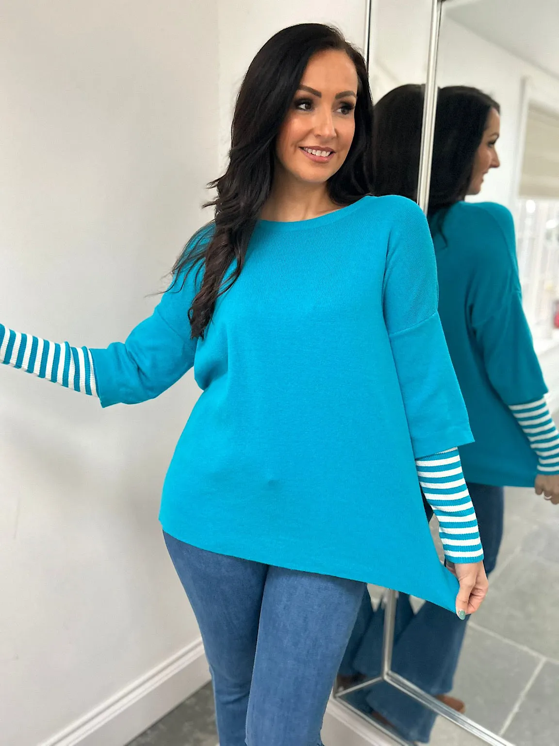 Aqua Striped Sleeve Knit Tracy