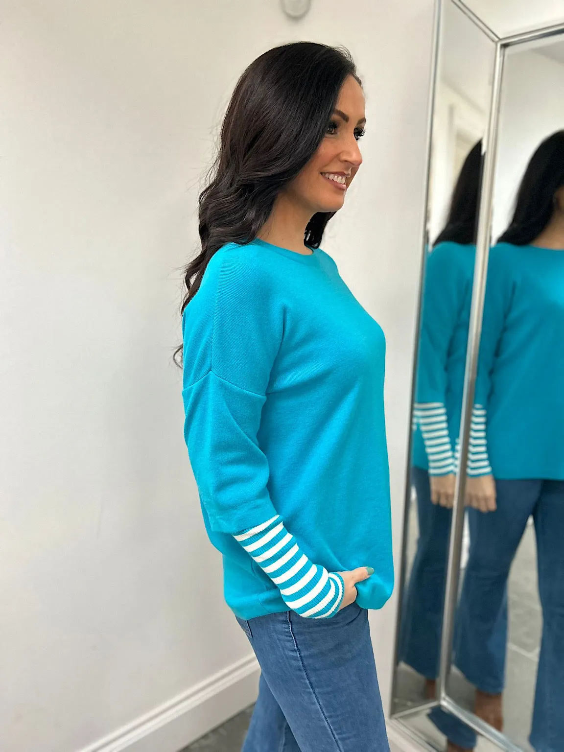 Aqua Striped Sleeve Knit Tracy