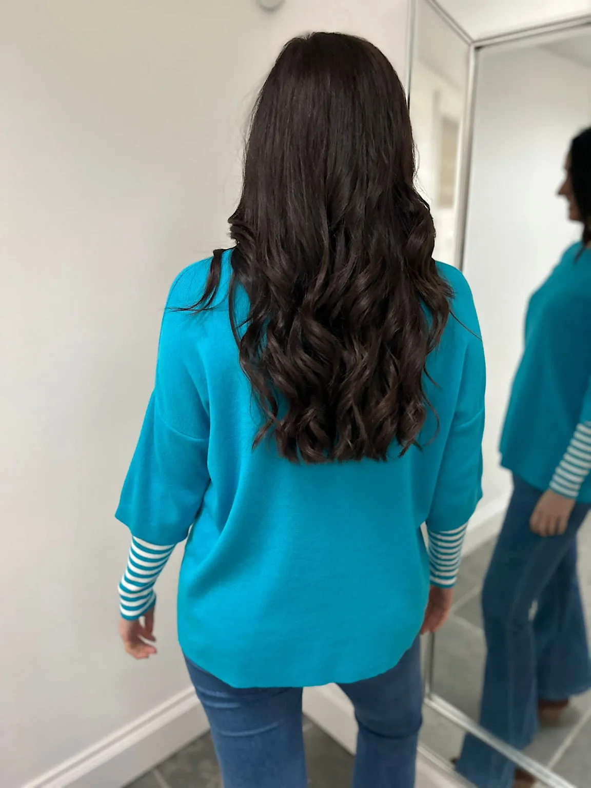 Aqua Striped Sleeve Knit Tracy