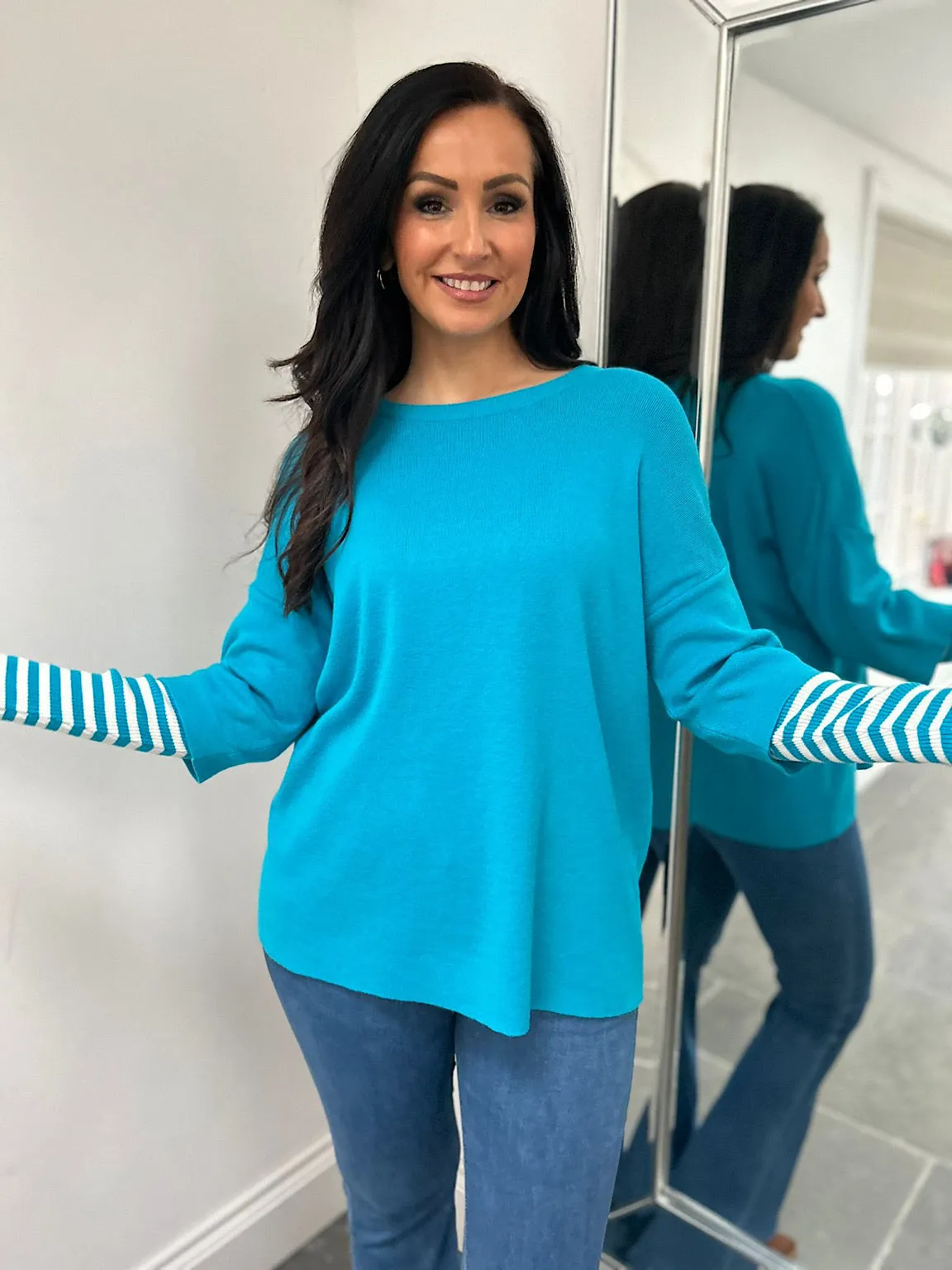 Aqua Striped Sleeve Knit Tracy