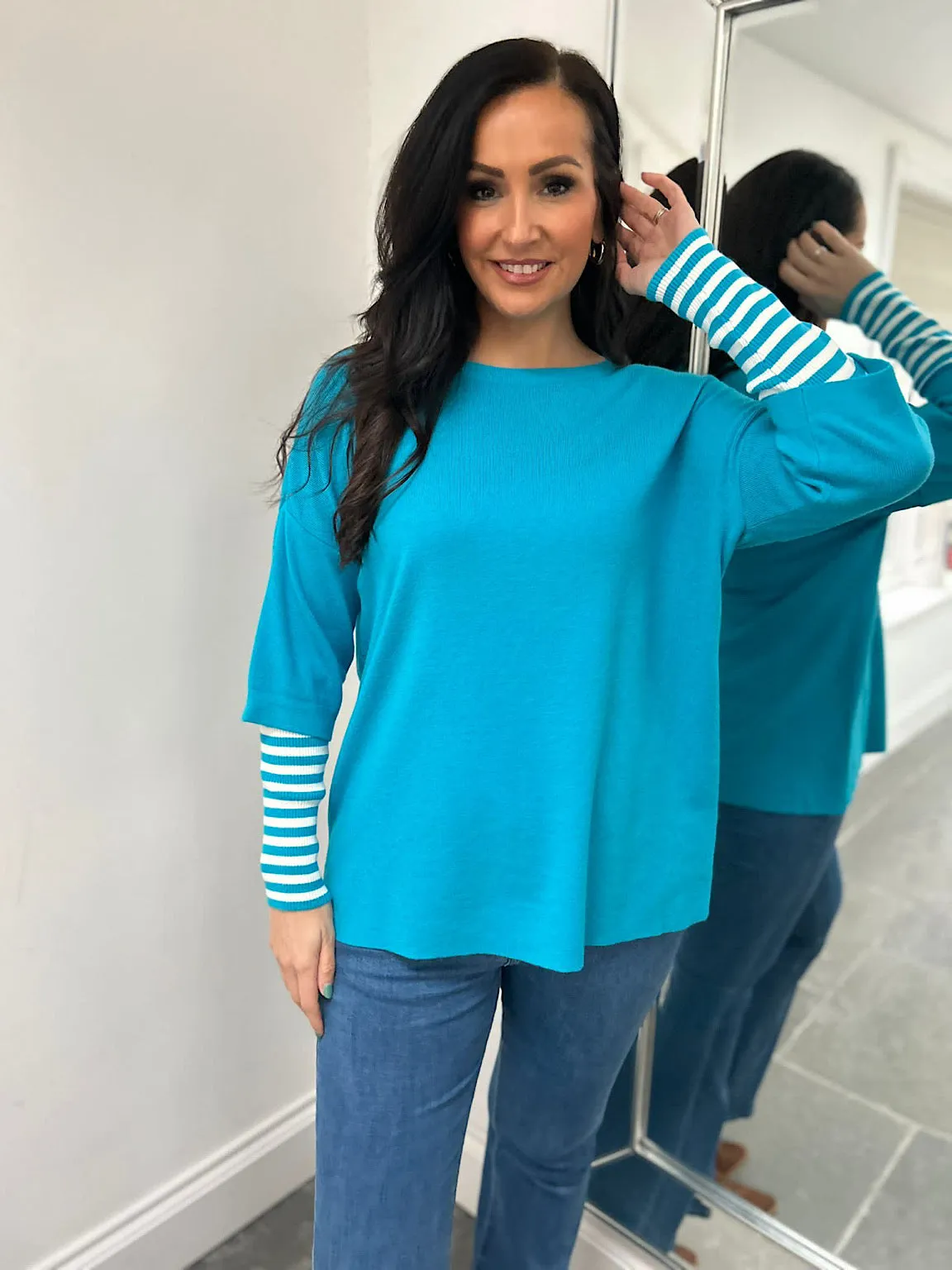 Aqua Striped Sleeve Knit Tracy