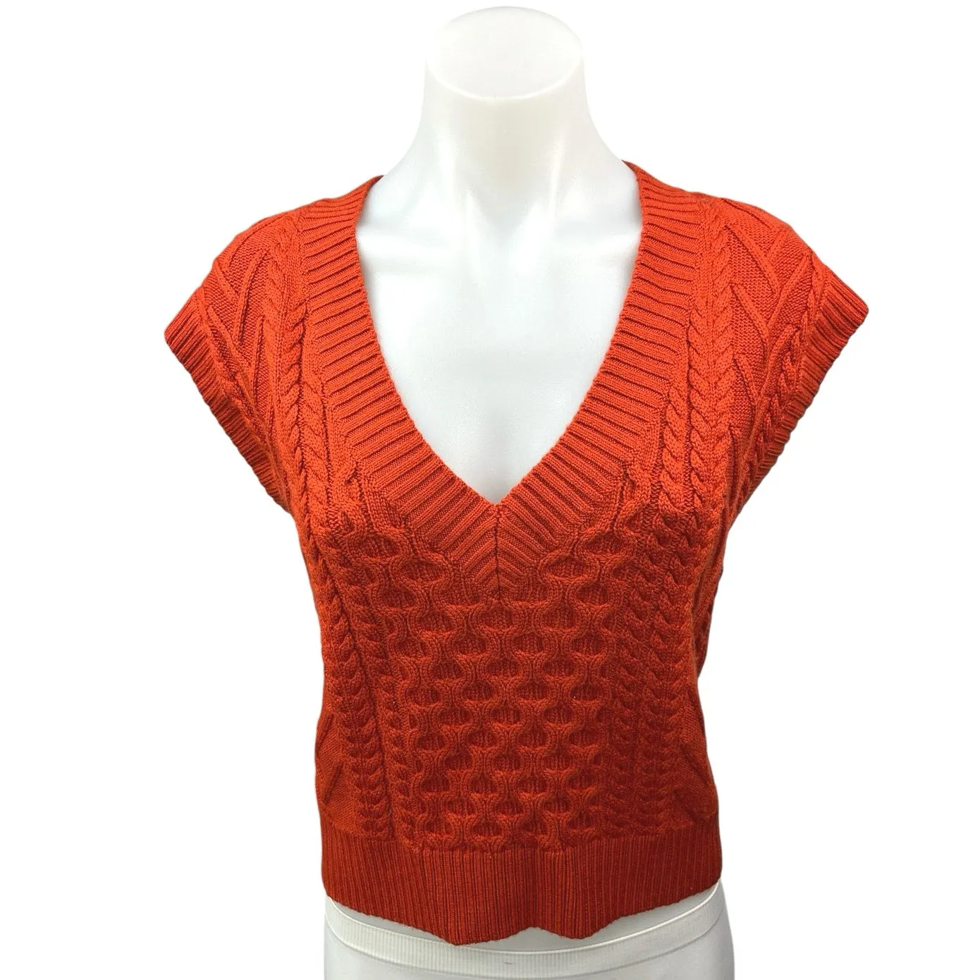 Aritzia Babaton Orange Merino Wool Cable Knit V-neck Crop Sweater Vest Top Sz M