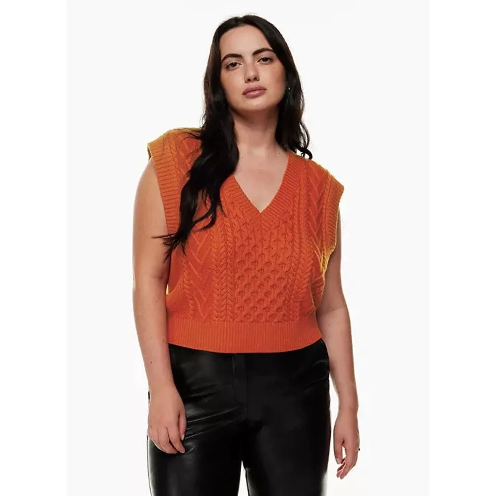 Aritzia Babaton Orange Merino Wool Cable Knit V-neck Crop Sweater Vest Top Sz M