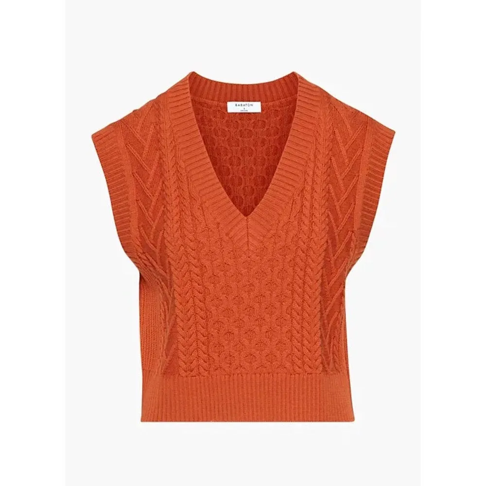 Aritzia Babaton Orange Merino Wool Cable Knit V-neck Crop Sweater Vest Top Sz M