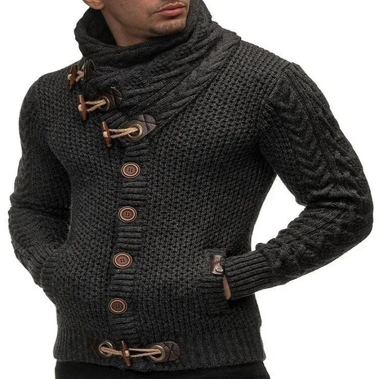 Ashore Shop New Winter Men's High-neck Sweater Knitted Thick Wool Button Retro Slim Fit