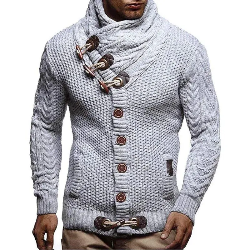 Ashore Shop New Winter Men's High-neck Sweater Knitted Thick Wool Button Retro Slim Fit