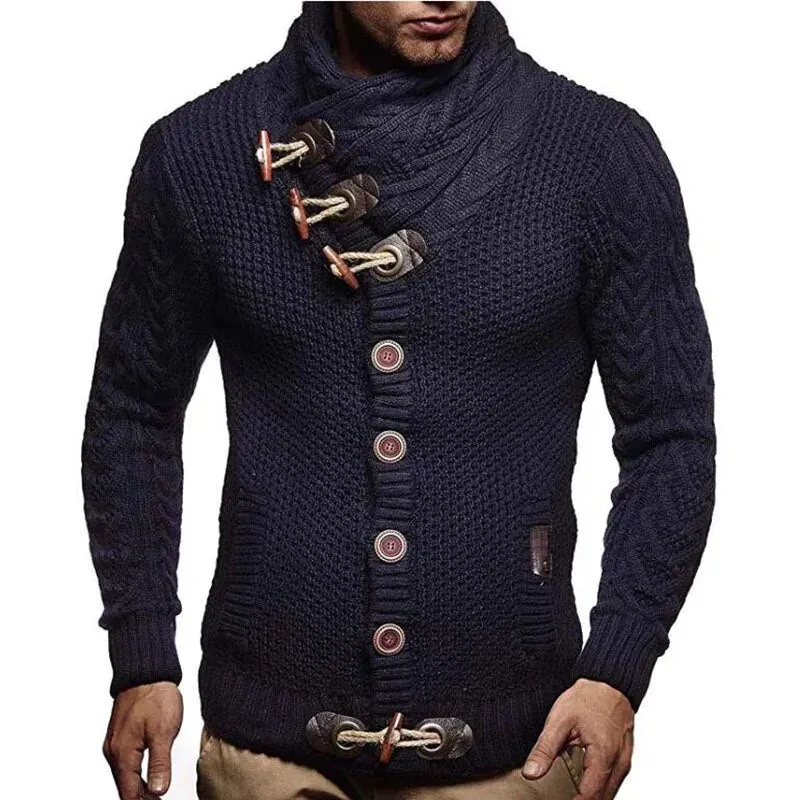 Ashore Shop New Winter Men's High-neck Sweater Knitted Thick Wool Button Retro Slim Fit