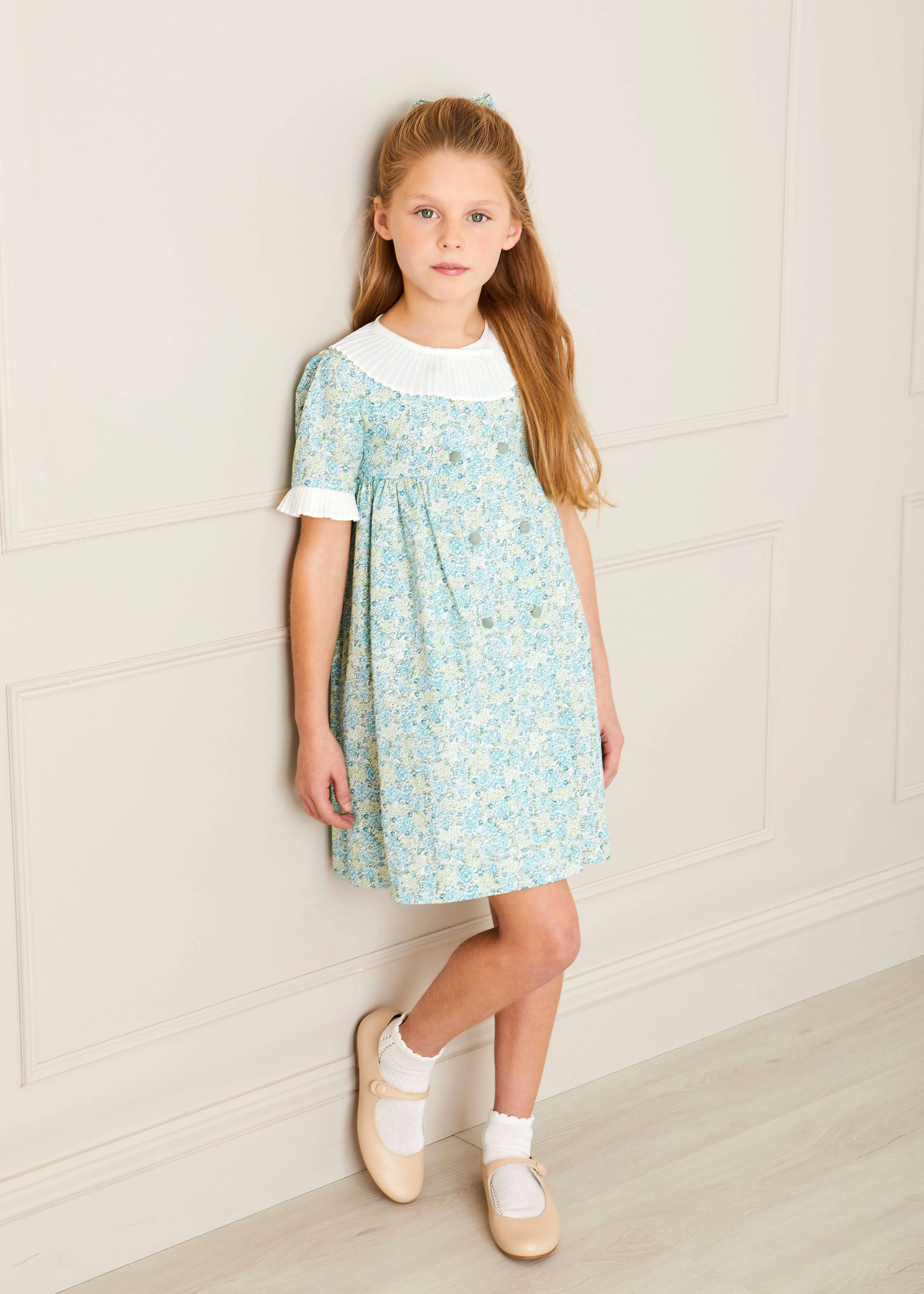 Avery Floral Print Pleated Collar Mid Sleeve Dress in Green (18mths-10yrs)