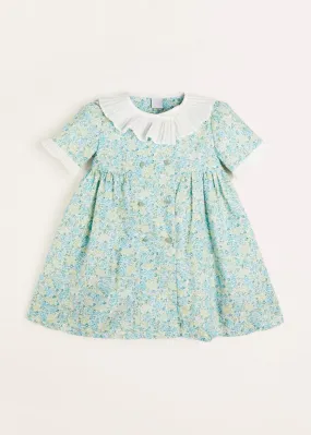 Avery Floral Print Pleated Collar Mid Sleeve Dress in Green (18mths-10yrs)