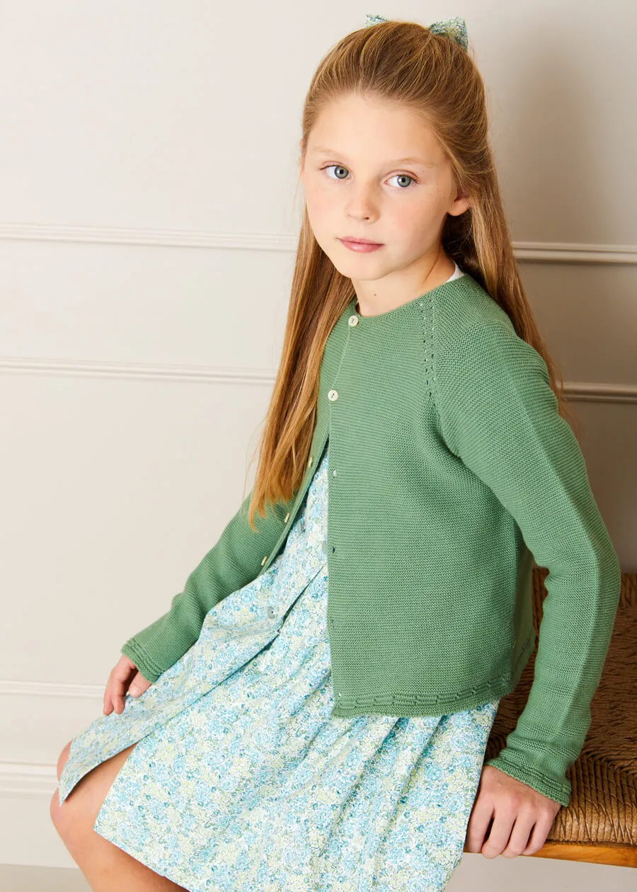 Avery Floral Print Pleated Collar Mid Sleeve Dress in Green (18mths-10yrs)