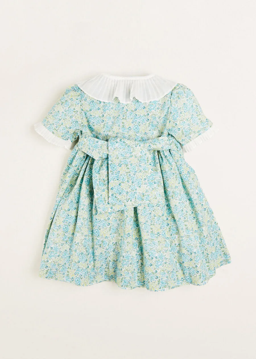 Avery Floral Print Pleated Collar Mid Sleeve Dress in Green (18mths-10yrs)