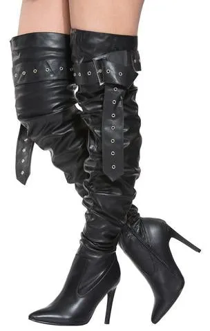 Barbie Bad A$$ Black Thigh High Buckle Up Stiletto Boots