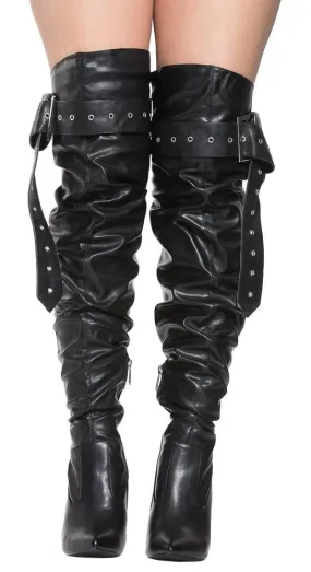 Barbie Bad A$$ Black Thigh High Buckle Up Stiletto Boots