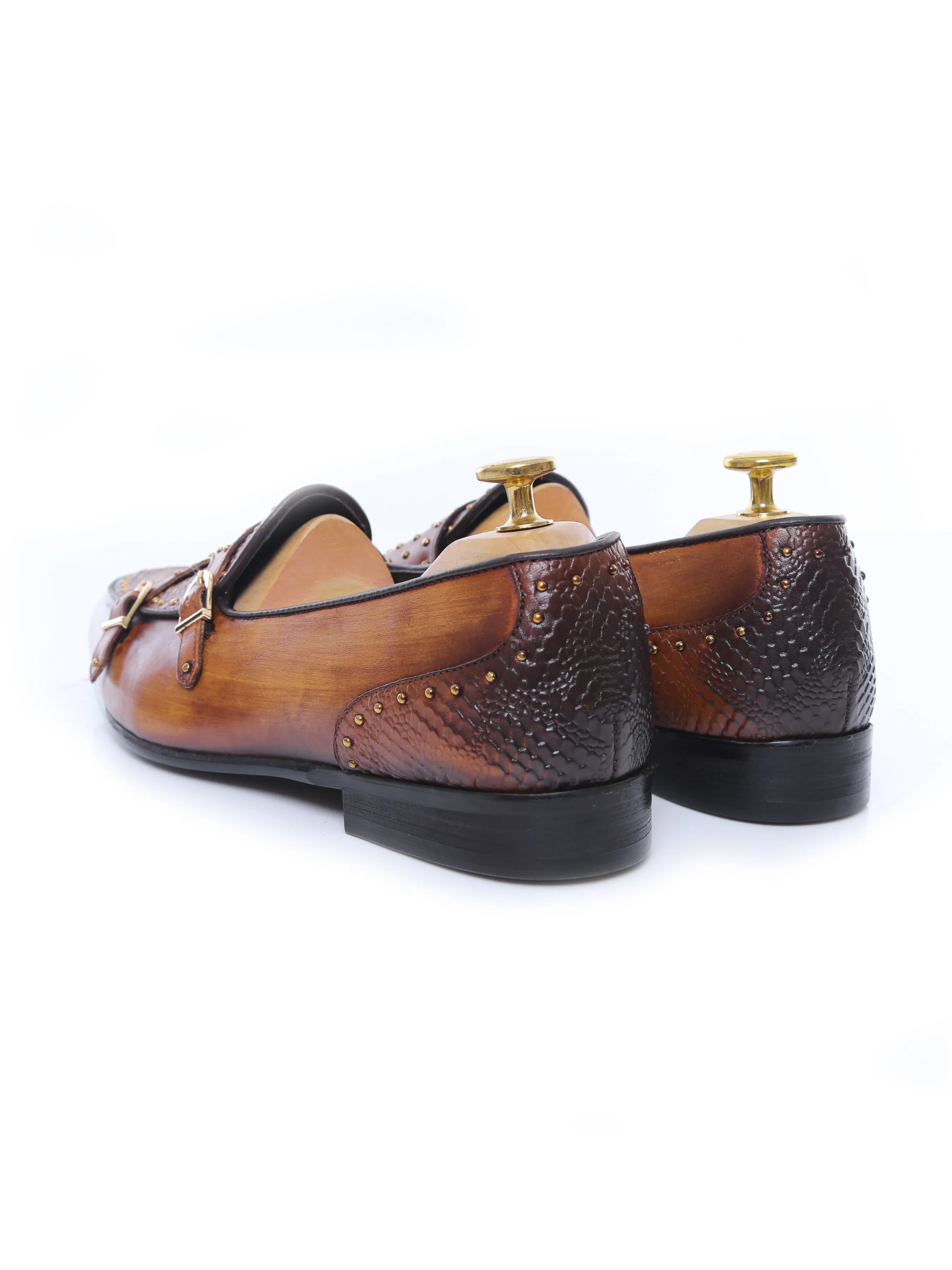 Belgian Loafer - Cognac Tan Snake Skin Double Monk Strap with Studded (Hand Painted Patina)