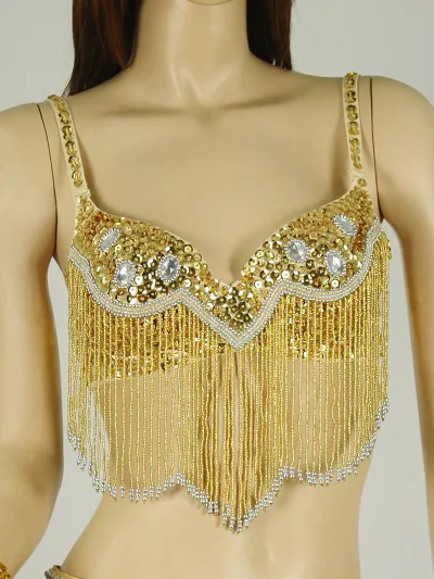 Belly Dance Costume Bra Yellow Rhinestone Fringe Bra Pattern Women's Bollywood Dance Top