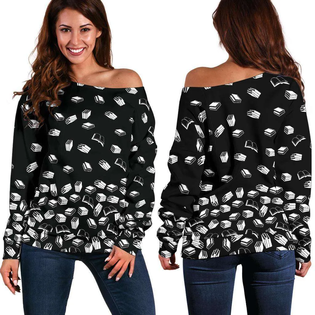 BLACK BOOKISH OFF SHOULDER SWEATER