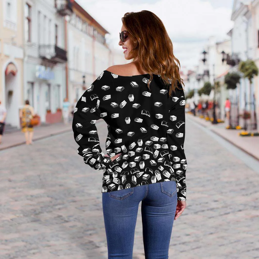 BLACK BOOKISH OFF SHOULDER SWEATER