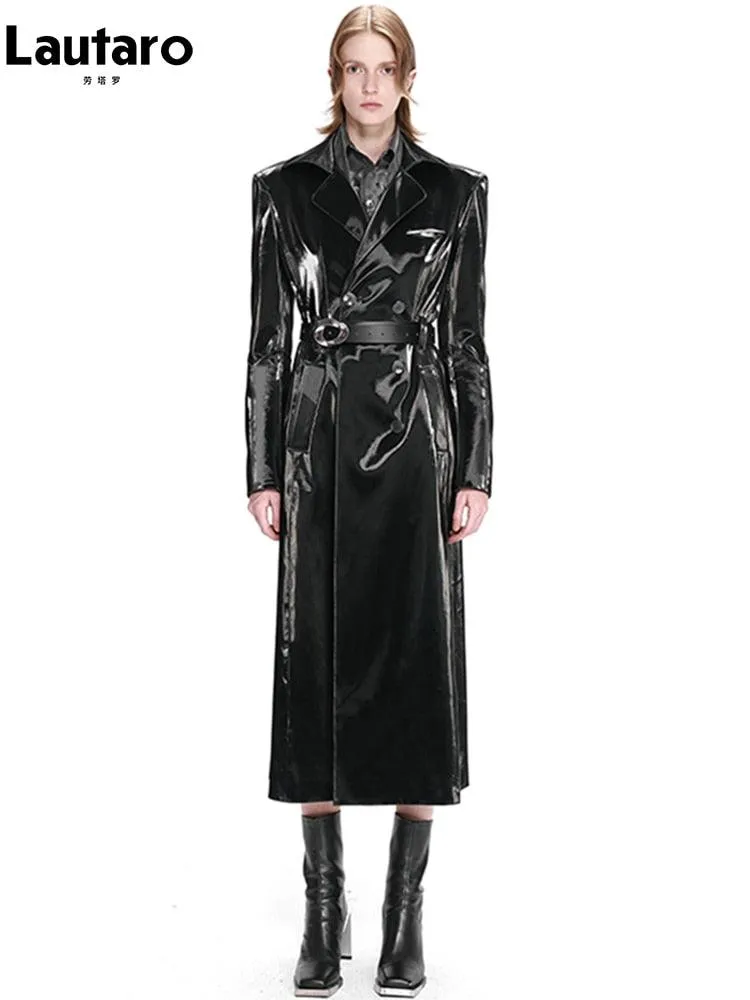 Black Reflective Patent Leather Trench Coat for Women - Long, Waterproof, Belted, Double Breasted