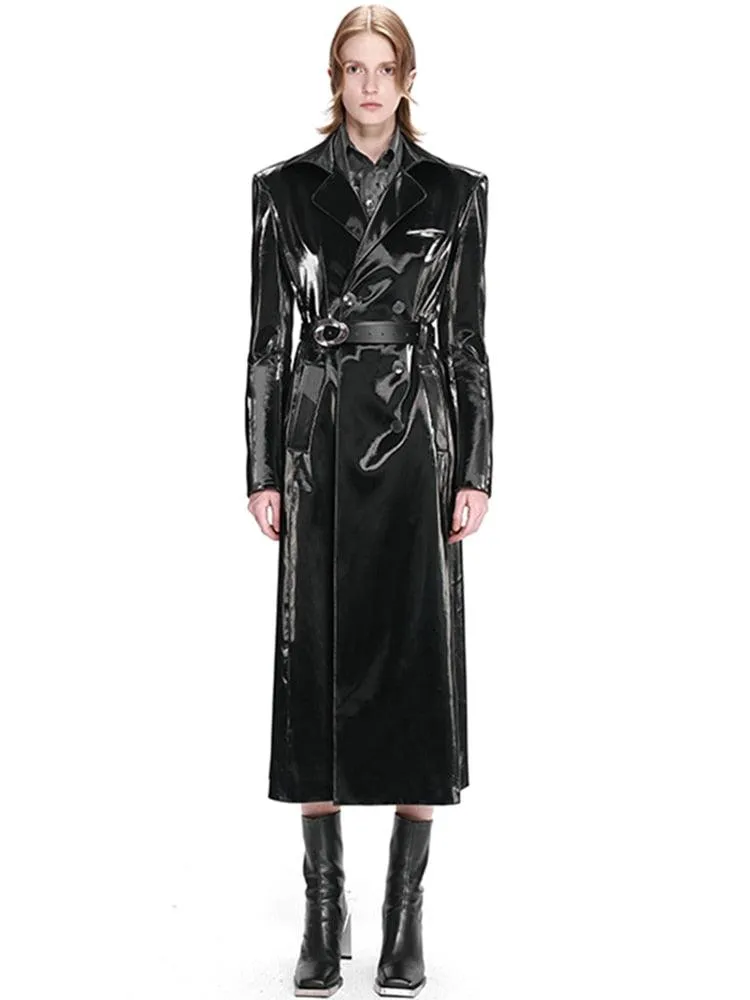 Black Reflective Patent Leather Trench Coat for Women - Long, Waterproof, Belted, Double Breasted