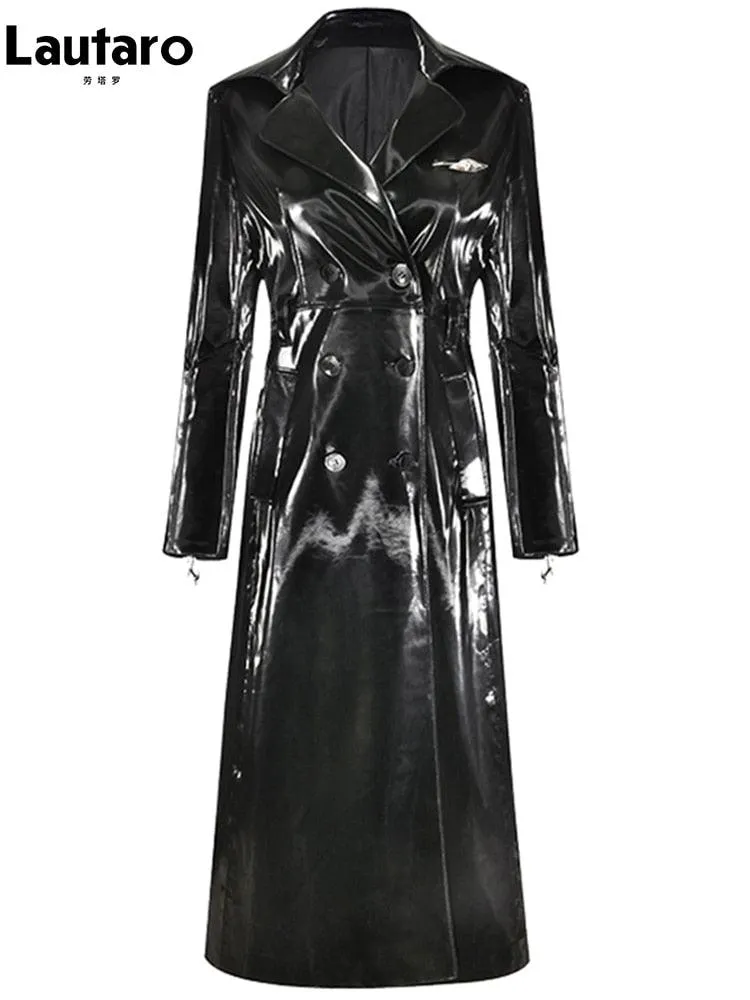 Black Reflective Patent Leather Trench Coat for Women - Long, Waterproof, Belted, Double Breasted