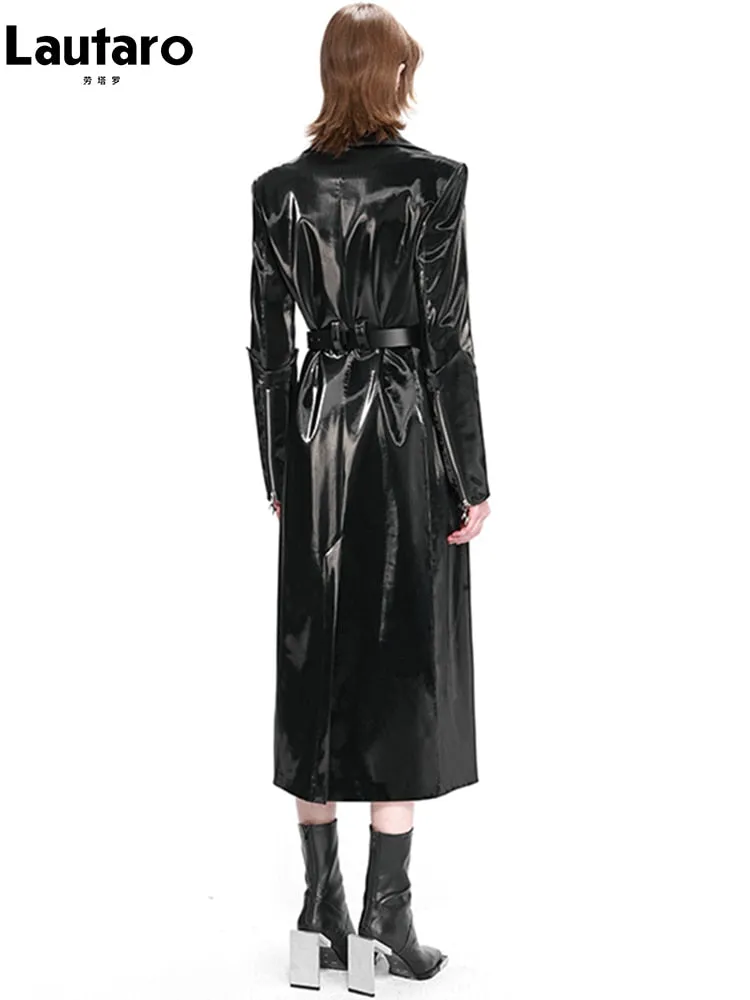 Black Reflective Patent Leather Trench Coat for Women - Long, Waterproof, Belted, Double Breasted