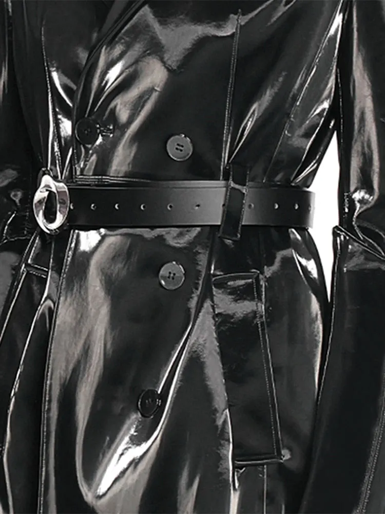 Black Reflective Patent Leather Trench Coat for Women - Long, Waterproof, Belted, Double Breasted