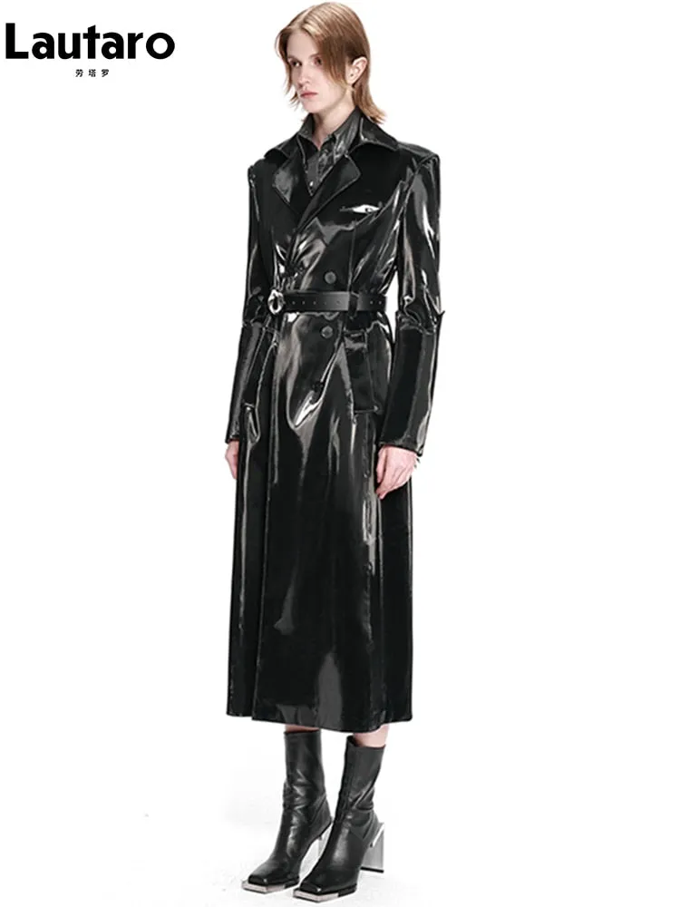 Black Reflective Patent Leather Trench Coat for Women - Long, Waterproof, Belted, Double Breasted