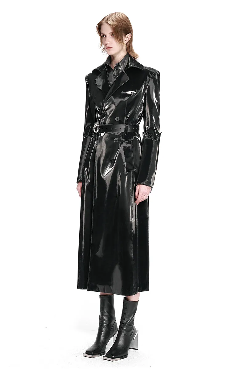 Black Reflective Patent Leather Trench Coat for Women - Long, Waterproof, Belted, Double Breasted