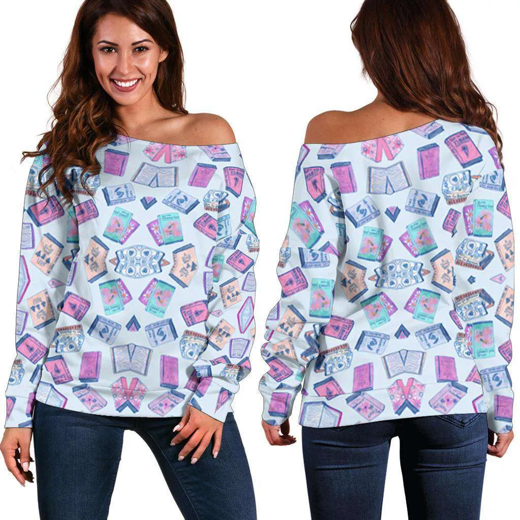 BLUE BOOK PATTERN OFF SHOULDER SWEATER