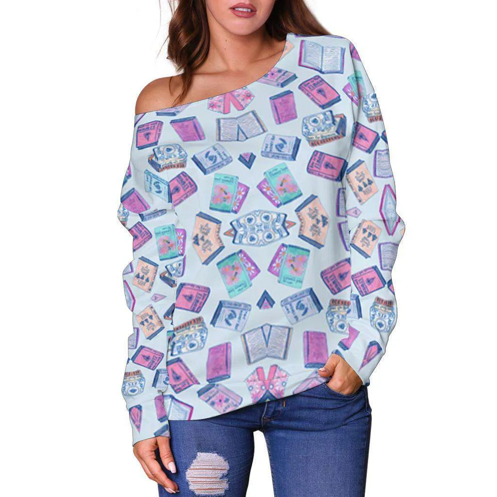 BLUE BOOK PATTERN OFF SHOULDER SWEATER