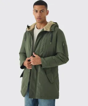 boohoo Mens Oversized Parka With Borg Lined Hood In Khaki